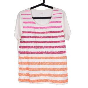 Coldwater Creek Striped Shirt L 14 Sequin White Pink Orange Texture Cotton Scoop